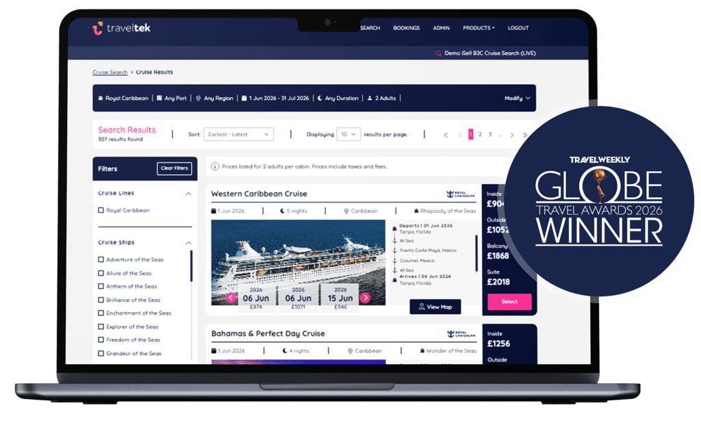 Cruise Connect image with globe travel award winner badge | traveltek